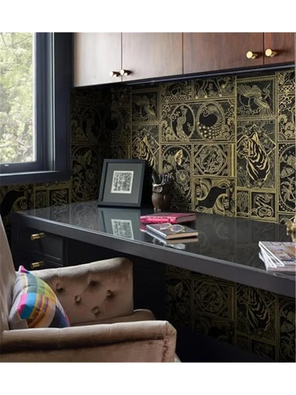 Black Gold Peel Stick Wallpaper Vintage Animal Tiger Peacock Self Adhesive Vinyl